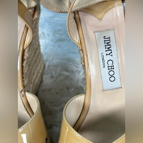 Jimmy Choo | Beige Patent Leather Phönix Espadrille Wedge Sandals - Picture 9 of 13